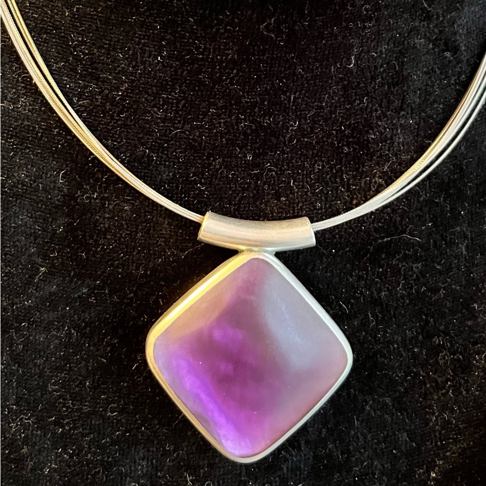 Interchangeable Purple / Red pendant on silver cable necklace .